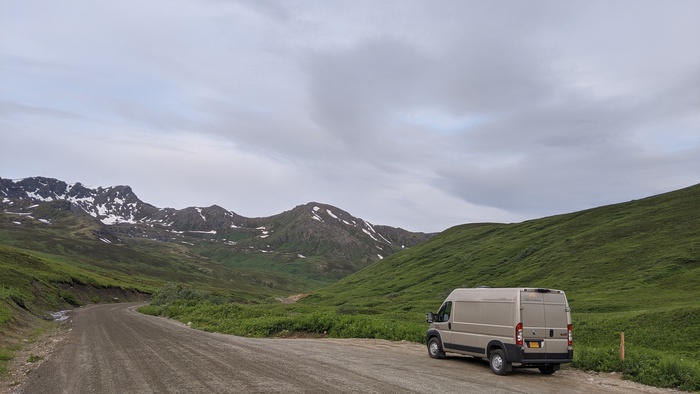 Van on the side of the road by Hatcher Pass