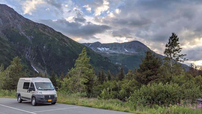 Van parked by the road near Portage in the evening