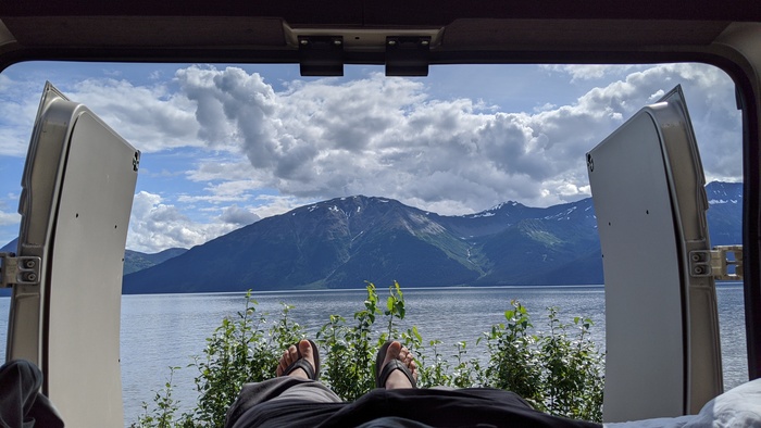 Feet up in the van, looking out at Turnagain Arm