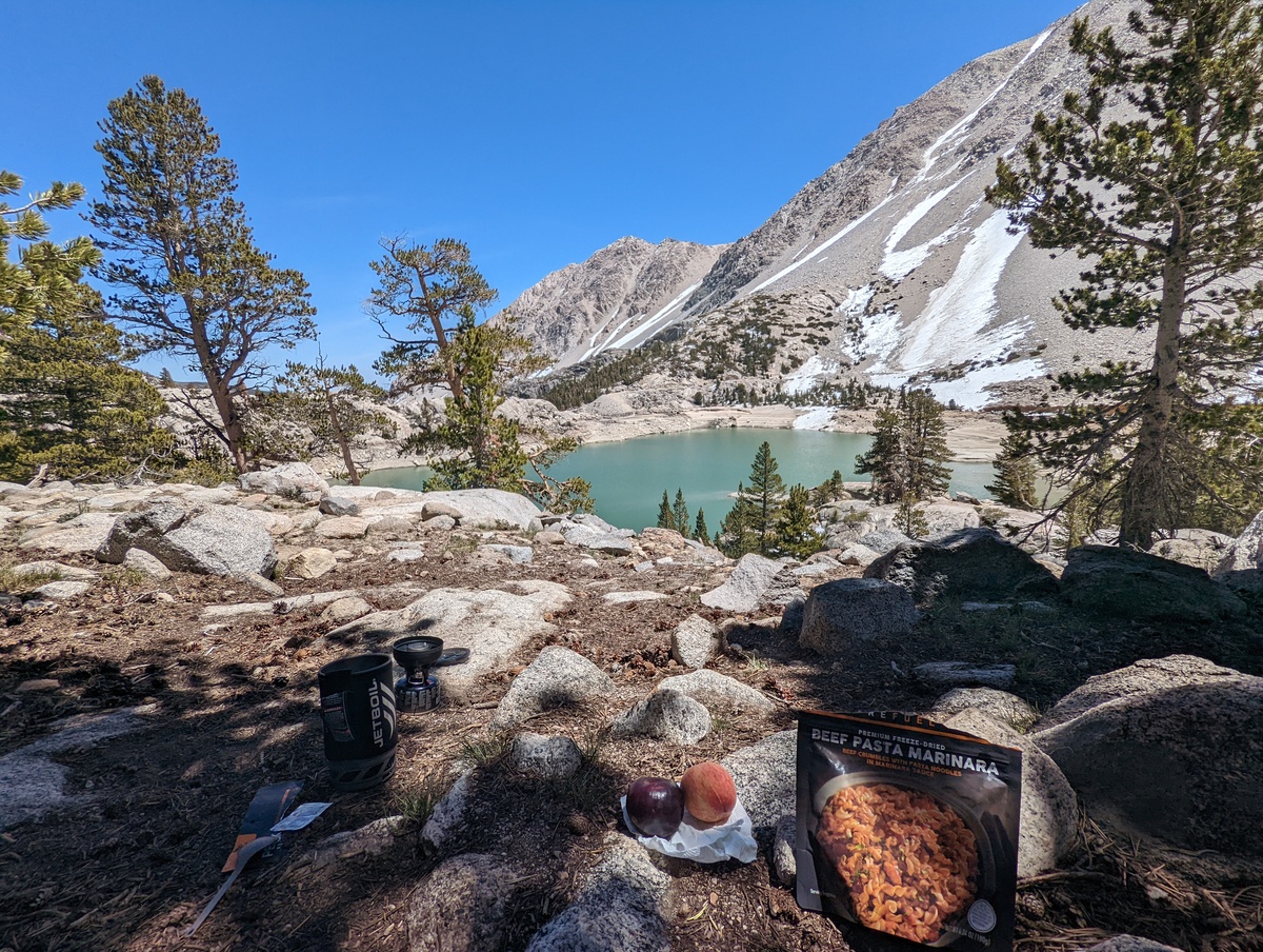 Lunch at the Big Pine Lakes. Jetboil, fruits and pasta