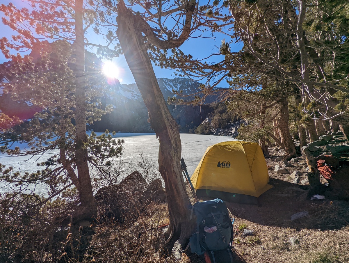 Camping by the frozen water in Big Pine Lakes