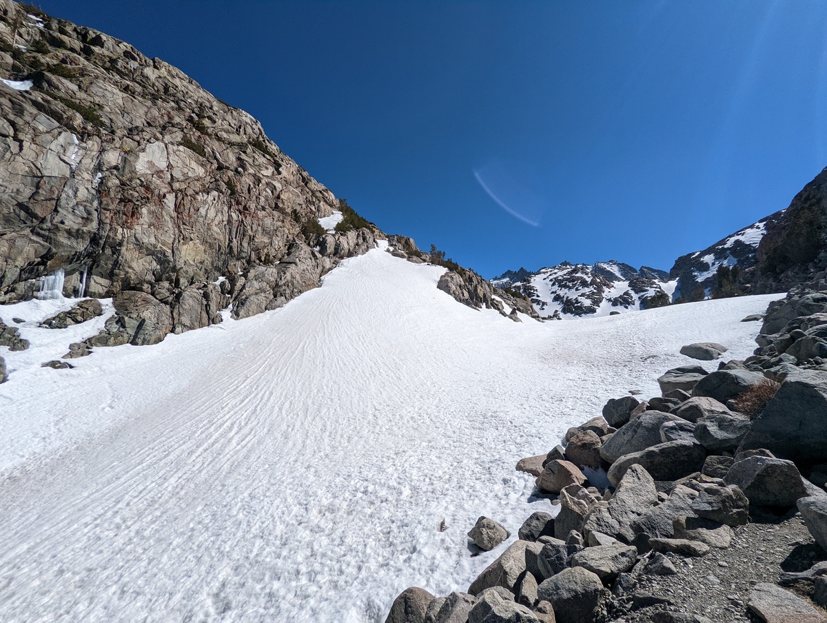 Trail to Sam Mack Meadows covered in steep snow