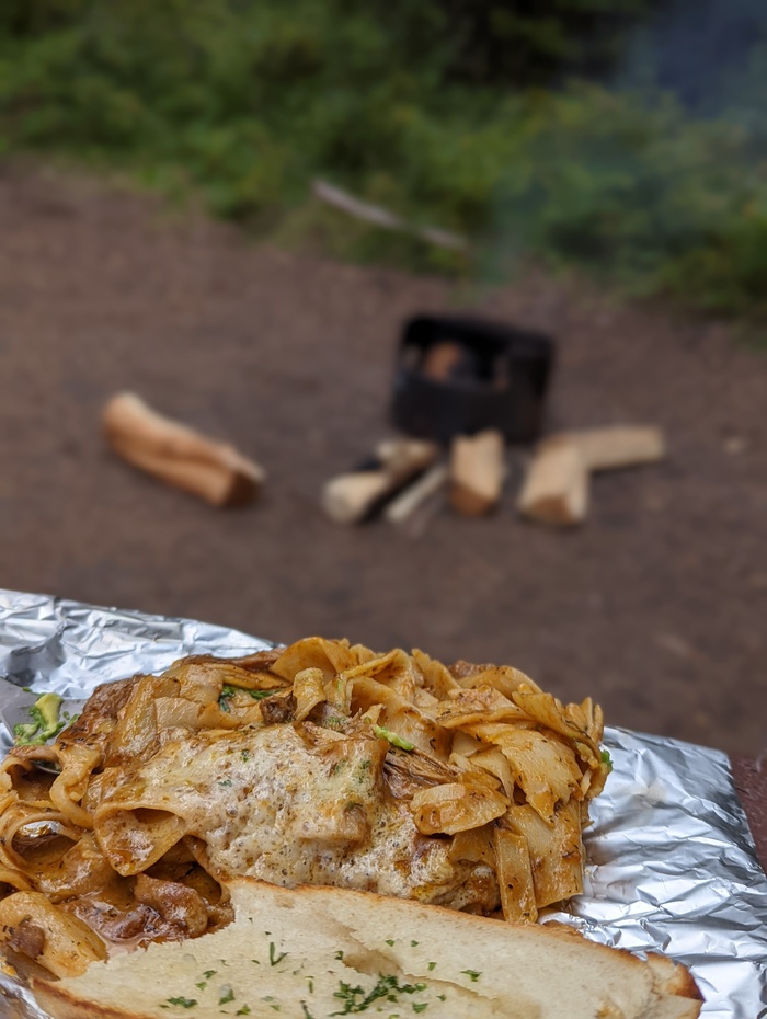 Left over pasta over campfire