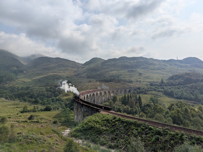 The Jacobite steam train crossing the Glenfinnan Viaduct